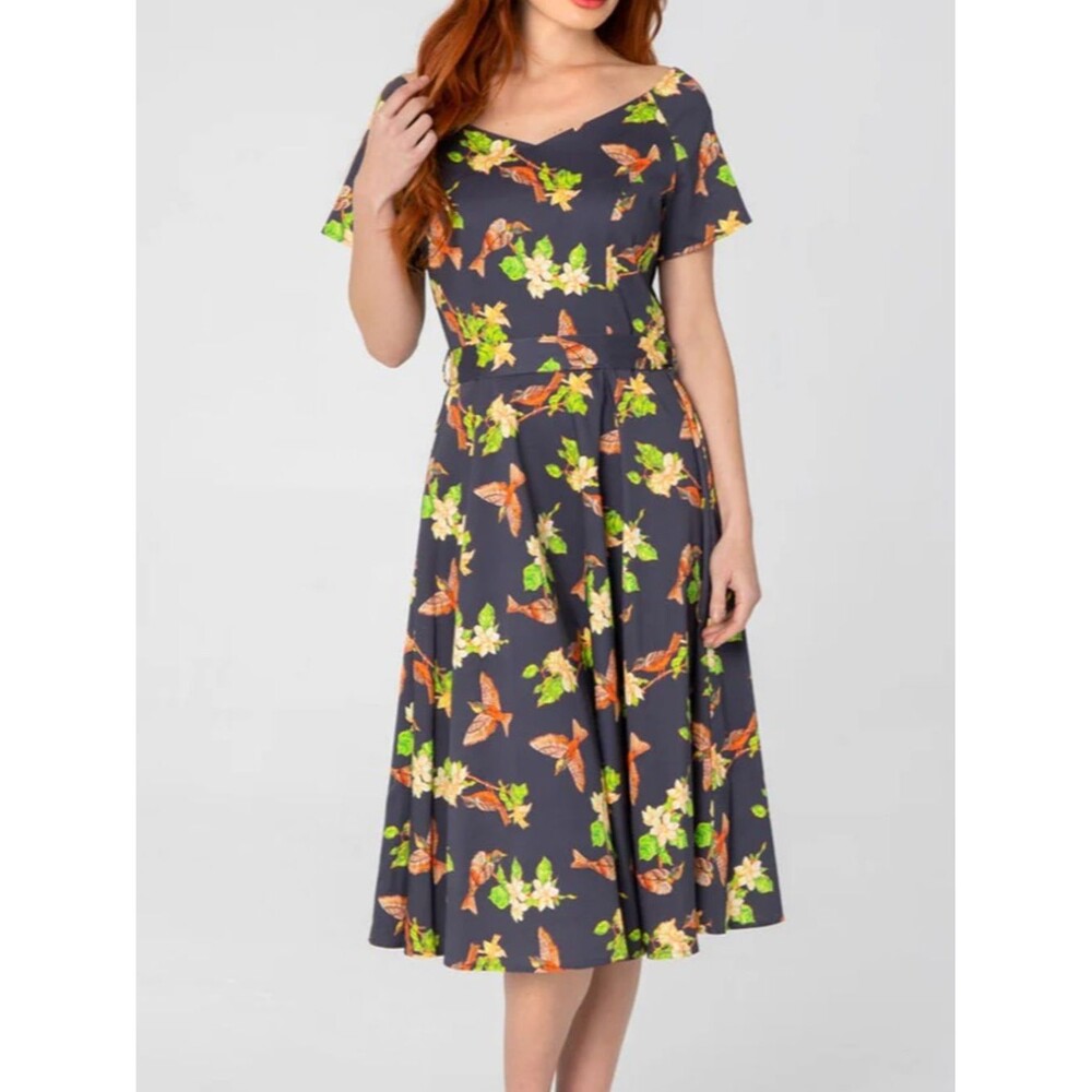 XL Miss Lulo "Bella" dress robin and floral print vintage style